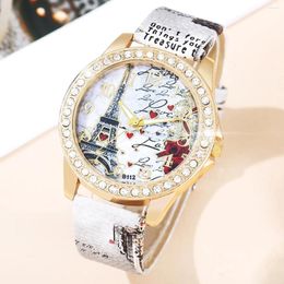 Wristwatches Ladies Fashion Trend Everything Tower Digital Floral Star Printed Leather Watch Band Quartz Birthday Christmas Gift