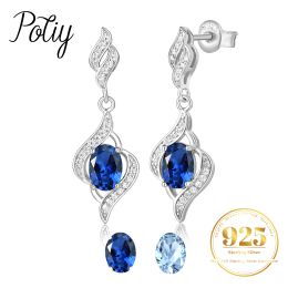 Earrings Potiy Created Blue Sapphire Natural Sky Blue Topaz 925 Sterling Silver Dangle Drop Earrings for Women Fine Jewelry Daily Party