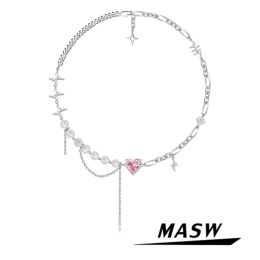 Necklaces MASW Fashion Jewellery Pink Heart Pendant Necklace 2022 New Trend Popular One Layer Geometric Pearl Necklace For Women Gifts