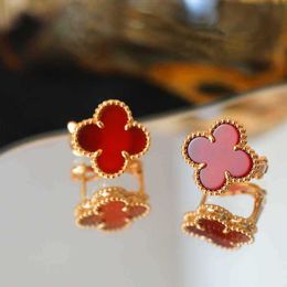 Designer charm High version Van S925 Sterling Silver Natural Red Agate Lucky Four Leaf Grass Ear Clam Network Earrings jewelry