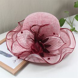 Elegant Big Brim Fedora Sun Hats Women Organza Flower Lace Wide Hat Lady Wedding Party Church Cap 240401