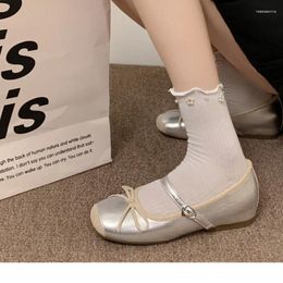 Casual Shoes Ballet Flats Trainers Summer Women's Mary Jane Metal Buckle Round Toe Shoe Bow Silk Satin Shallow Soft Sole Loafers