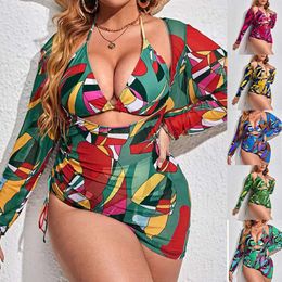 New Plus Size Three Piece Set with Multi-color Printed Mesh Hoodie, Sun Protection Bikini Swimsuit