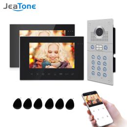 Control Jeatone WiFi Smart Video Door Phone Video Intercom Code Keypad/RFID Card/APP Unlock Motion Detection for Two Units Apartment