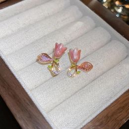 Stud Earrings MENGJIQIAO Fashion Zircon Drip Glaze Flower For Women Girls Fresh Sweet Pink Tulip Earring Brincos Jewelry Gifts