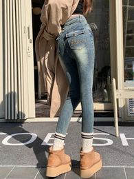 Women's Jeans Elastic Pocket Embroidered High Waist Female Autumn 2024 Sweet Girl Casual Slim Femme Pantalon All-match Pants