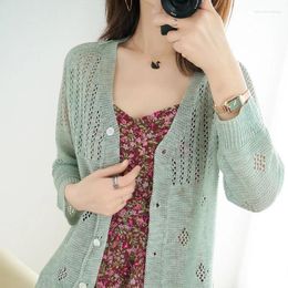 Women's Knits Spring And Summer Korean Style Loose Knitted Cardigan Hollow V-Neck Short Long Sleeve Air-conditioning Shirt