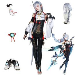 Anime kostümleri shenhe cosplay oyunu genshinimpact shenhe cosplay compe anime takım elbise gelme peruk ayakkabıları tam shen o rol oynama kıyafeti y240422