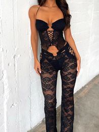 Women's Pants Women S Y2K Lace 2Pcs Outfits Sleeveless Floral Slim Fit Bustier Corset Tops And See Through Long Flare Sets