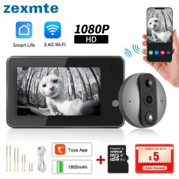 Control Zexmte Tuya Doorbell Camera WIFI Waterproof Smart Home 1080P Video 4.3'' LCD Peephole Door Bell Night PIR Motion Outdoor Camera