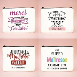 Cosmetic Bags Thank You Teacher French Print Makeup Pouch Pencil Bag School Stationery Supplies Storage Case Travel Wash Gifts