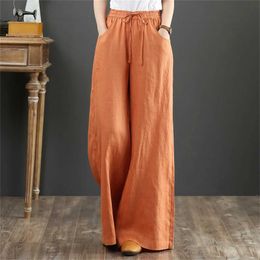 Women's Pants Capris 2024 Spring New Linen Loose Casual Wide Leg Trousers Elastic Waist Floor Length Straight Leg Pants Strwear Extra Large Pants Y240422