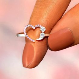 Cluster Rings Heart Shape Proposal Ring For Girls Kpop Pink Crystal Romantic Love Gifts Women Jewelry Adjustable Finger Accessories