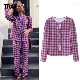 Women's Blouses Women Shirts Bow Plaid O-Neck Long Sleeves Top Summer 2024 Casual Blouse Elegant Chic Female Tops Luxury