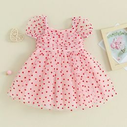 Tregren 6M-4Y Toddler Baby Girl Valentine Day Dress Short Puff Sleeve Heart Print Tulle Cute Princess Party Daily 240418