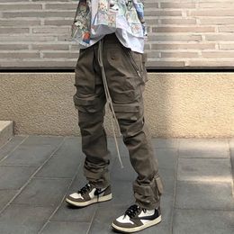 High Street Multi-pocket Drawstring Overalls Mens Straight Vibe Style Oversize Casual Cargo Pants Hip Hop Loose Baggy Trousers 240417