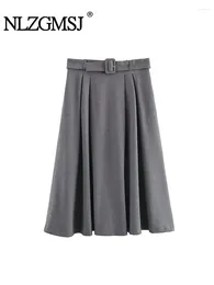 Skirts Nlzgmsj 2024 Long For Women High Waist Belt Midi Skirt Autumn Winter Office Loose Chic And Elegant Woman