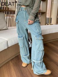 Women's Jeans Fashion Denim Pants High Waist Multiple Pockets Zipper Full Length Blue Wide Leg Trouser Autumn 2024 7AB440