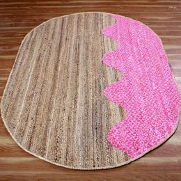 Carpets Rug Natural Jute And Pink Cotton Braided Carpet Home Living Room Decorative Floor Mat 4x6 Ft Oval