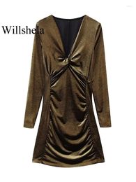 Casual Dresses Women Fashion Velvet Brown Pleated Mini Dress Vintage V-Neck Long Sleeves Female Chic Lady