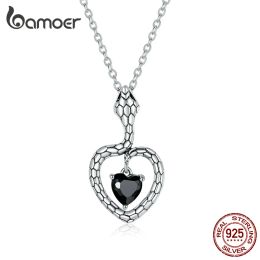 Necklaces bamoer 925 Sterling Silver Mysterious Creative Snake Necklace Heart Black Gem Pendant Necklace for Women Party Fine Jewellery