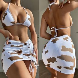New Swimsuit Women's Split Body Three Piece Set with Cow Print, Buttocks Tied with Mesh Red Ins Swimsuit