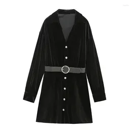 Casual Dresses YENKYE Vintage Women With Belt Black Velvet Shirt Long Sleeve Lapel Collar Female Short Dress Spring Vestidos