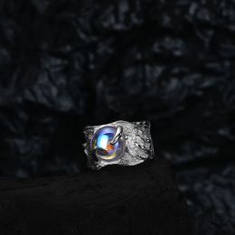 Rings CHOZON 2022 European Niche 925 Sterling Silver Wide Version Irregular Texture Ring Female Open Color Moonstone Index Finger