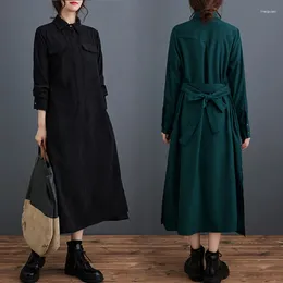 Casual Dresses 2024 Arrival Korea Style Corduroy Back Bow Belt Vintage Autumn Winter Dress Office Lady Work Women Spring