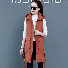 Women's Vests 2024 Spring Autumn Winter Long Down Cotton Vest Coat Solid Color Zipper Hooded Casual Waistcoat Ladies Jacket