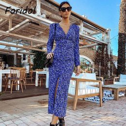 Casual Dresses Foridol V Neck Floral Print Slit Long Dress Women Vintage Sleeve Boho Spring Autumn Ruched Maxi Blue Party 2024