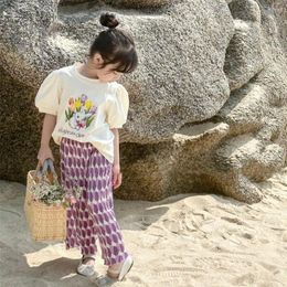 Clothing Sets 2024 Summer Children Girls 2PCS Clothes Set Puff Sleeve Cartoon Floral Print Shirt Wide Leg Pants Suit Kid Outfits