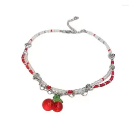 Choker Cherries Necklace Red White Bead Handmade Beaded Jewelry Gift F3MD