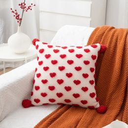 Heart-shaped Pillow for Valentines Day Wedding Cushion with Plush Balls and Flower Patterns Red 240422