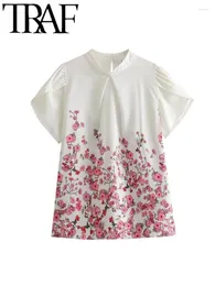 Women's Blouses 2024 Spring Elegant Floral Printed Women Casual Blouse Short Sleeve Mock Neck Keyhole Back Shirts Female Crop Top Y2K