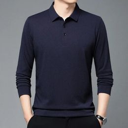 Spring Mens Thin Waffle Solid Polo Neck Long Sleeve Pullover T-shirt Autumn Fashion Splicing Buttons Casual Versatile Top 240418