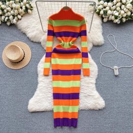 Casual Dresses Chic Striped Half High Collar Elastic Knit Bodycon Dress Long Sleeve Women Sexy Fashion Casua Vestido Spring Slim Pencil