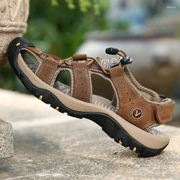 Sandals Men Cowhide Leather Breathable Sports Outdoor Beach Shoes Anti Slip Mens Slide