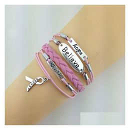 Bangle Bracelets Breast Cancer Awareness Hope Believe Faith Pink Leather Mti Woven Bracelet Wholesale Drop Delivery Jewelry Dhz6I