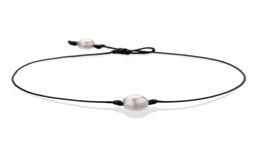 Pearl Single Cultured Freshwater Pearls Necklace Choker for Women Genuine Leather Jewelry Handmade Black 14 inches5355089