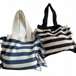 wide Stripe Plaid Hand-woven Bag Reusable Knit High-capacity Tote Bag Wool Knitting Shoulder Bags Student W620#