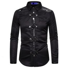 High Quality Men Goth Style Rivet Solid Colour Cargo Shirt Slim Fit Party Stage for Men Clothing 240407