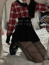 Skirts College Style Spring And Autumn Suit Women's Sweet Christmas Year Red Plaid Jumper A-line High Waist Skirt Two-piece Set