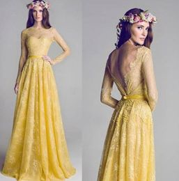 New Illusion Neckline Backless Yellow Lace ALine Long sleeve Prom Dress Evening Gowns Bridesmaid Party Dresses Celebrity Dress Gr2300845