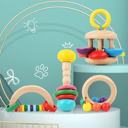 Wooden Toys Colourful Baby Rattle Set Safe Food Grade Wood Rattle Soother Teether Set Montessori Toddler Toy Bell