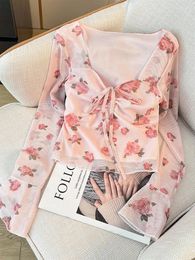 Women's Blouses Spring Summer Women Floral Tulles Shirts Sweet Cute Square Collar Flare Long Sleeve Pink Tops Slim Female Blouse