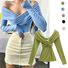 Women's T Shirts Fashion Style Slim Fit Stylish Off-the-Shoulder Cross V-neck Long Sleeve T-shirt Sexy Tight Looking Stretch Top Ins