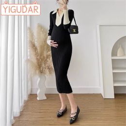 Dresses Maternity clothes autumn winter polo long sleeved knitted dress women's fashionable temperament slim fit slim long woolen dress