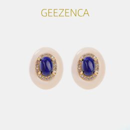 Earrings GEEZENCA Natural Lapis Lazuli 925 Sterling Silver Oval Small Earrings For Women Zircon 18K Golden Simple Earring 2023 Summer