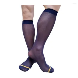 Men's Socks Softy Sheer Thin Mens Formal Transparet Striped Knee High Sexy Dress Suit Business Black / Navy Hose Stocking
